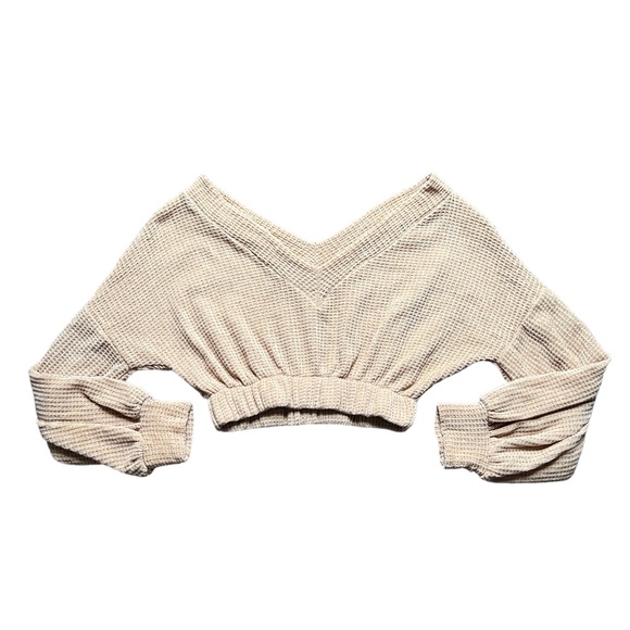 Cream Off The Shoulder Cropped Long Sleeve Sweater - Picture 1 of 2